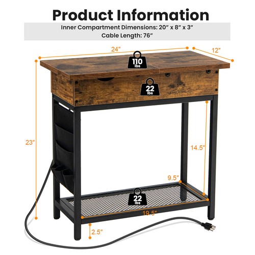 End Table with Charging Station Industrial Nightstand Flip Top Side Pocket USB - Picture 2 of 10