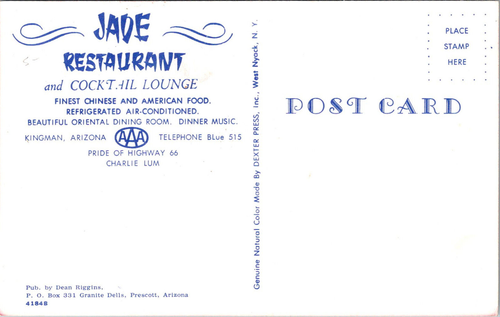 KINGMAN, ARIZONA - ROUTE 66 - JADE RESTAURANT - VINTAGE POSTCARD - Picture 2 of 2
