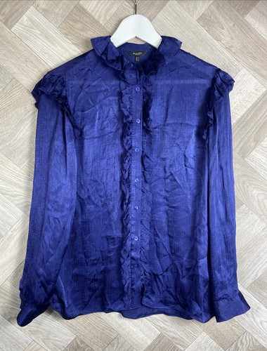 MASSIMO DUTTI Midnight Blue Crinkle Rüschen Bluse Shirt Langarm Gr. 34 / UK 6