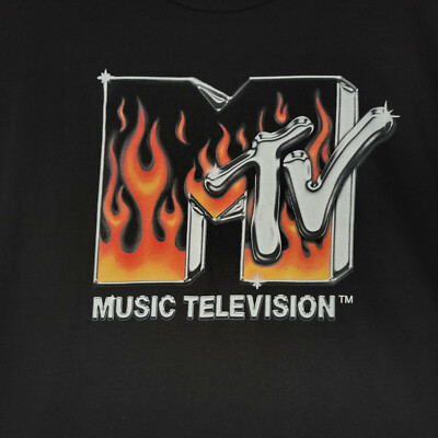 MTV MUSIC TELEVISION MENS T SHIRT LARGE L BLACK LONG SLEEVE METAL RETRO FIRE NWT