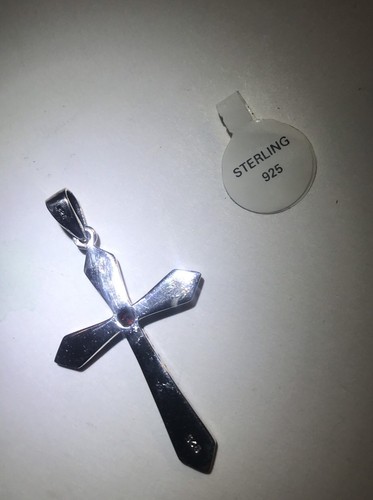 925 Sterling Silver Christian Cross Sparkly Black Marcasite w Red Center Stone - Picture 8 of 8