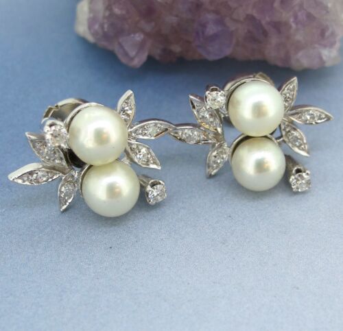 6.7mm Pearls 14k White Gold .33 ctw Round Cut Diamonds Antique Stud Earrings - Picture 4 of 8