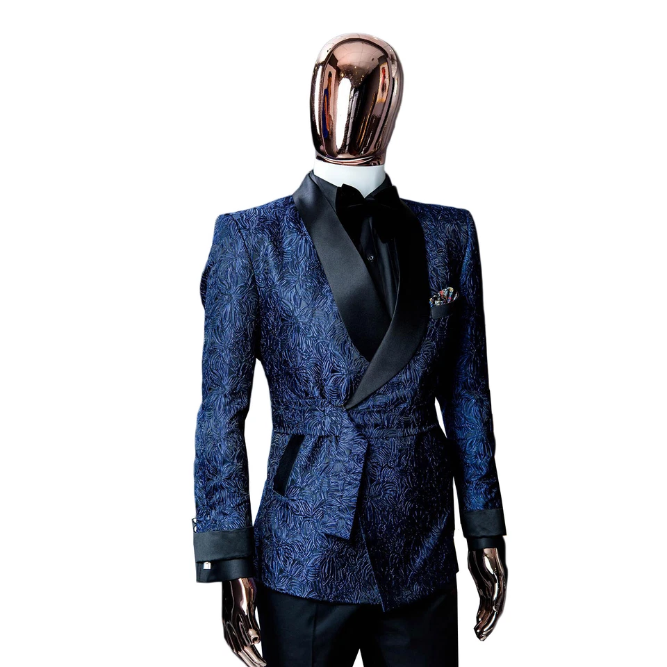 Мужская роскошь Royal синий жаккардовый костюм 2 изделия комплект бизнес банкета вечеринки куртка - Изображение 2 из 4