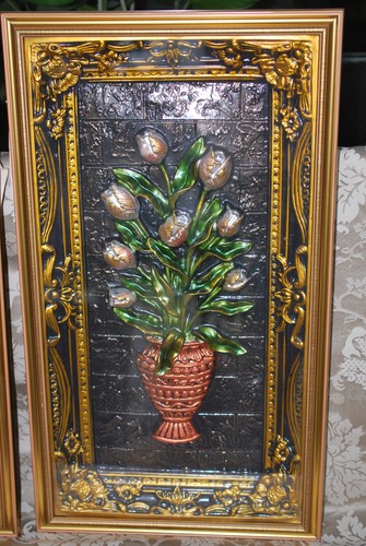 Pair Vintage Wall Art Molded 3D Lilies & Roses Gold Molded Shadowbox Frame RARE! - Picture 2 of 13