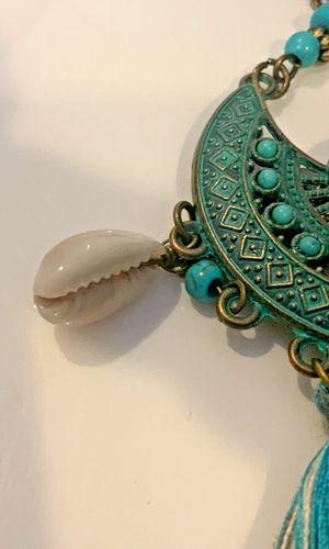 Boho Hippie Long Necklace, Peacock Feather, Shell, Tassel, Turquoise - Picture 5 of 5