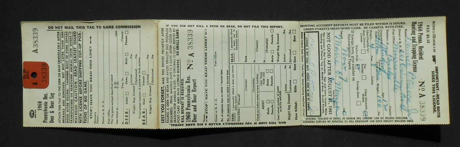 1960 Pennsylvania Hunting & Trapping License Daniel Petrecca Jr
