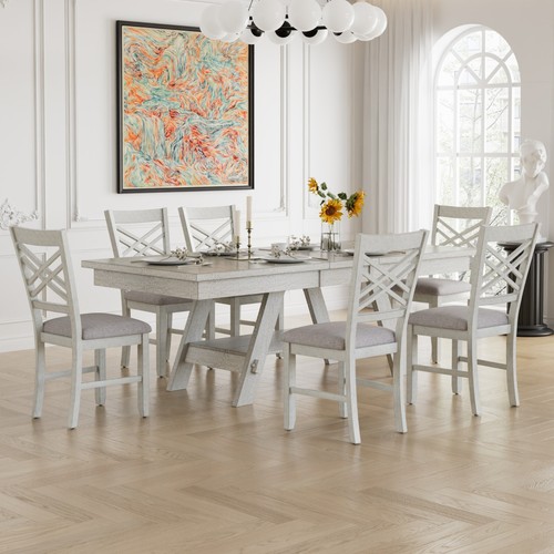 7 Pieces Solid Wood Dining Table Set Adjustable Kitchen Table Chair Dining Room - Picture 12 of 35