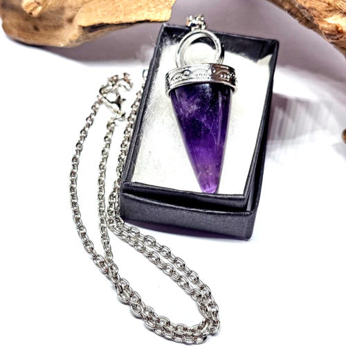 Amethyst Cone Pendant Quartz Ball Necklace 18" Chain Gemstone Jewellery & Boxed - Picture 2 of 10