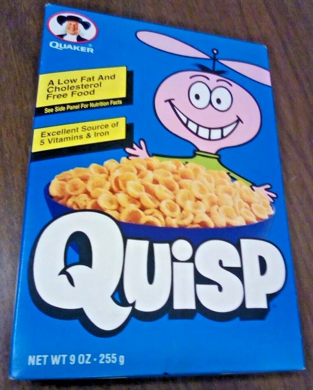 1996 Quisp Space Trivia Game Cereal Box Jay Ward cartoon character Quaker
