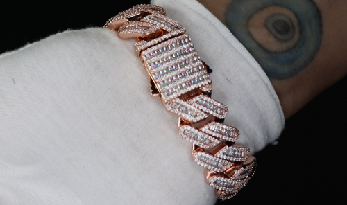 Rose Gold Baguette Simulated Diamond Bracelet, Mens Iced Out Cuban Link Bracelet - Picture 4 of 11