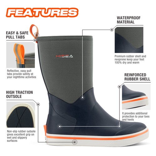 HISEA Men Fishing Deck Boots Mid-Calf Waterproof Non-Slip Mud Garden Rain Boots - Picture 7 of 49