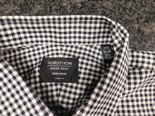 NORDSTROM Mens Shop Shirt Mens XL 17.5 Button Up Plaid Long Sleeve White Black - Picture 3 of 3
