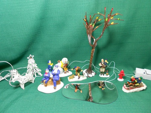 Lemax 10 Accessory Group Skater Yard Decor Lighted Tree Sledding Snowman - Picture 1 of 11
