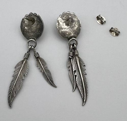 South Western Sterling Silver Dangle Feather Malachite Stud Earrings 2” - Picture 4 of 7