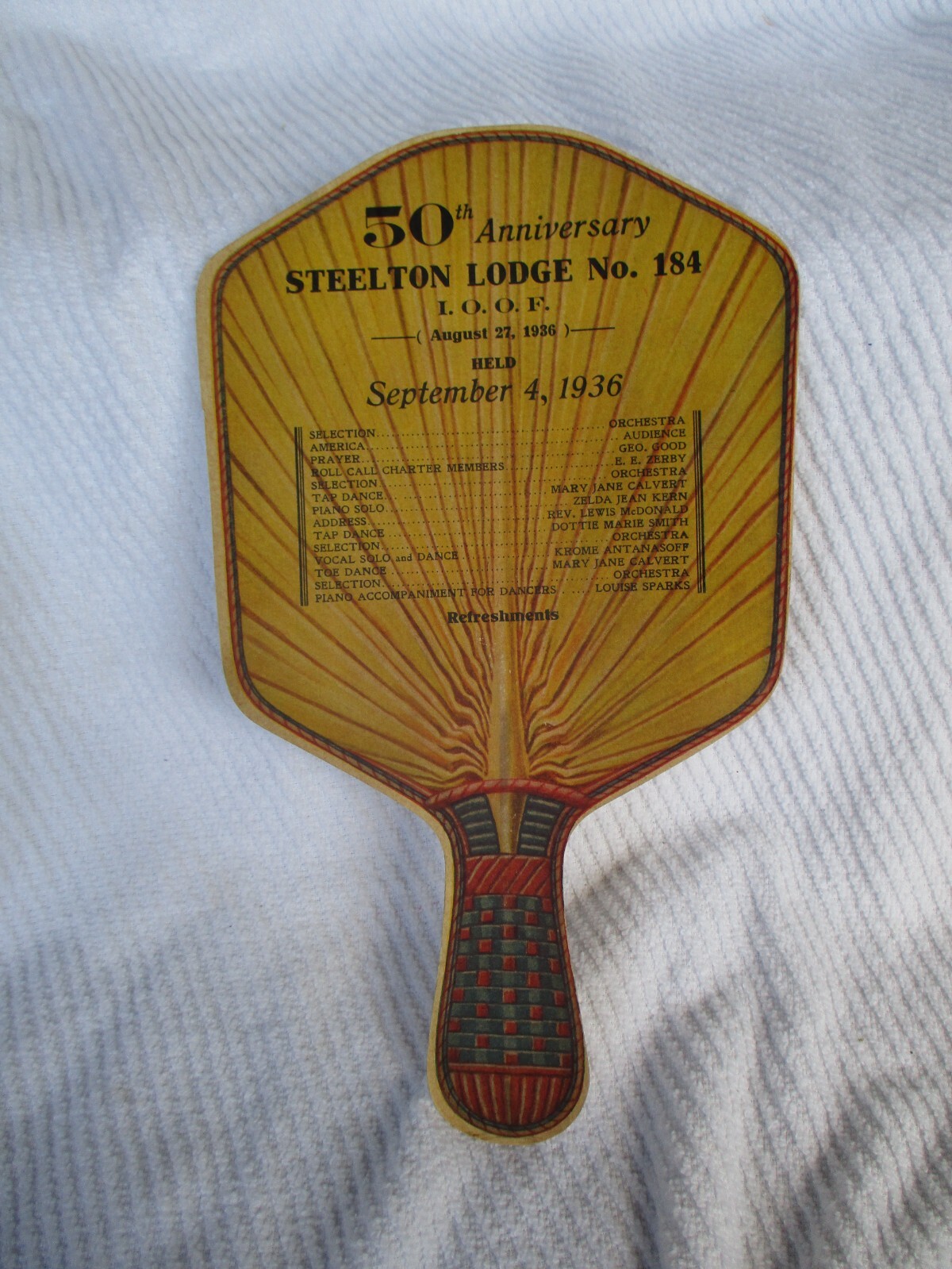 Myers Mfg. 1936 50th Anniv. Steelton Lodge No. 184 Hand-Held Fan ~ I.O.O.F. ~PA.