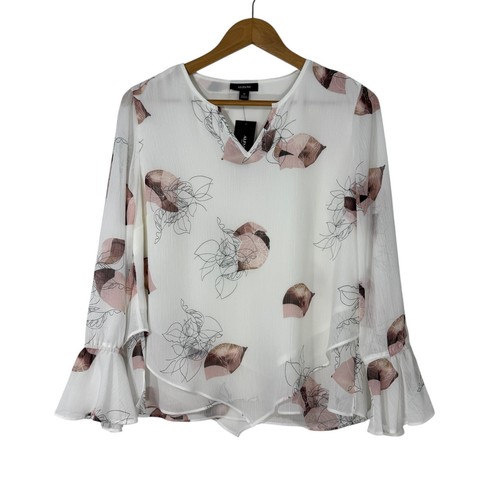 Alfani Women’s Size Petite Large White Floral Print Bell Sleeve Blouse Top New