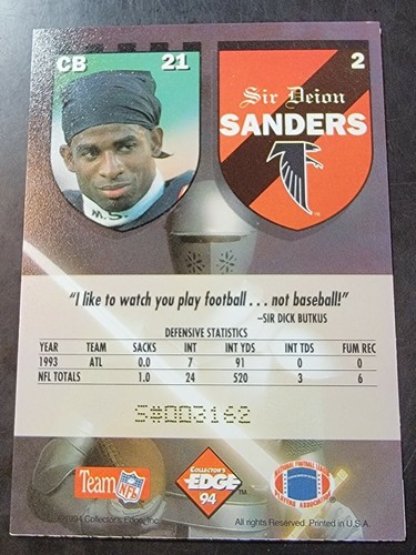 1994 Excalibur Football #2 Deion Sanders  - Picture 2 of 2