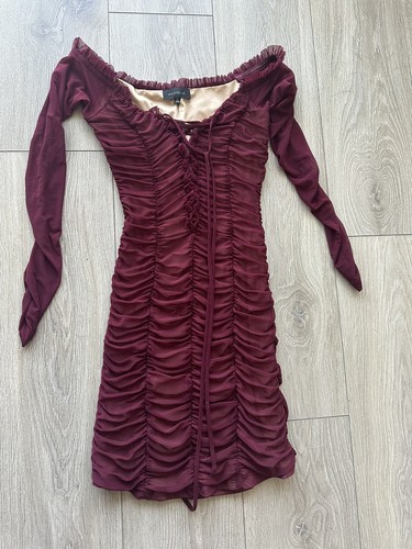 Majorelle Ruched Mesh Lace-up Long Sleeve Mini Jardin Dress Wine/Red XS RRP $255 - Picture 4 of 10