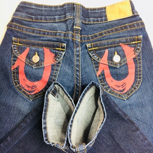 True Religion Red Pocket Dark Wash Stretch Straight Denim Jeans Womens Size 26 - Picture 5 of 8