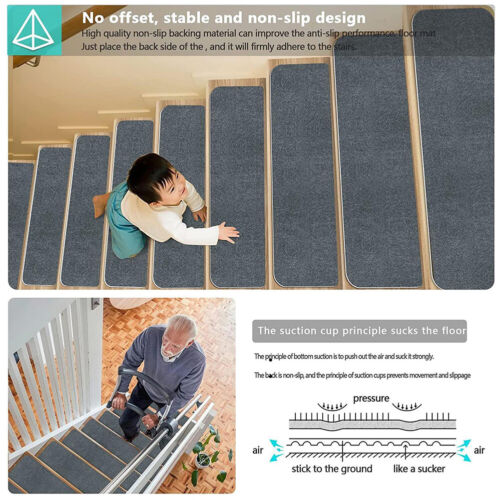 Stair Tread Mats Carpet Non-Slip Stair Pads Step Protectors w/ Reusable Adhesive - Picture 4 of 15