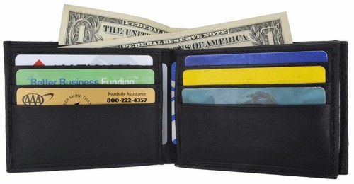 Men's Genuine Leather Multi Card Holder Double Center ID Windows Wallet Black - Picture 3 of 8