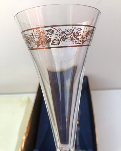 PAIR Godiva France 10" Crystal Champagne Flute Glasses 24K Gold Trim Gilt 2000 - Picture 3 of 5