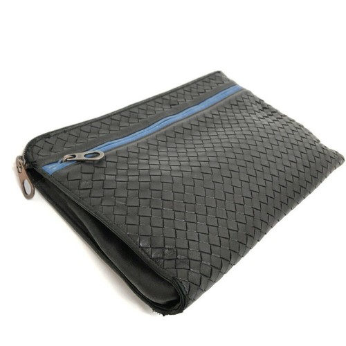 BOTTEGA VENETA Clutch Bag Second Bag Intrecciato Leather Black Blue Authentic - Picture 15 of 24