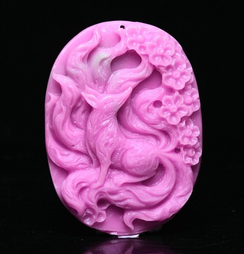 5CM China Natural Pink Jade Carve Nine-Tailed Fox Animal YuBi Amulet Pendant - Picture 2 of 9