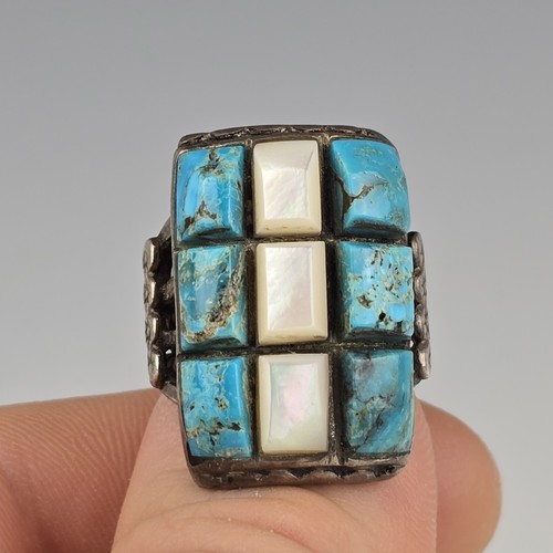 Großer Vintage Navajo Sterlingsilber Türkis MOP Herren Ring Größe 9,5 - Bild 5 von 5