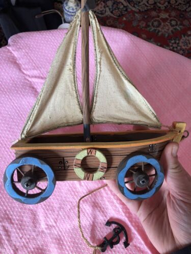 Vintage wooden boat toy, pull string nautical toy - Picture 9 of 11