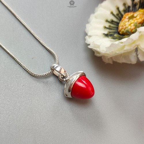 3.27gms Synthetic Red Coral Gemstone 925 Silver Bezel Set Bullet Pendant Loop 1" - Picture 1 of 8