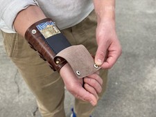 Leather Wrist Wallet, Personalized Leather Bracelet with Card Holder Engravings
