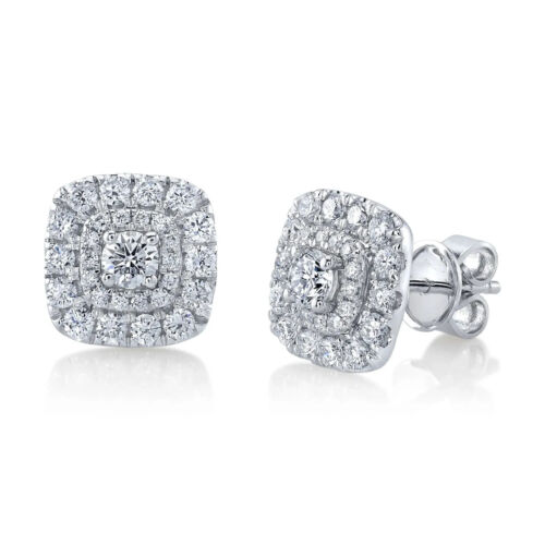 Diamond Stud Square Earrings 14K White Gold Cushion Halo 1.15CT Round Natural