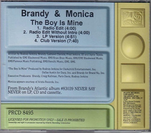 BRANDY & MONICA,The Boy Is Mine,4 Versions,Radio Promo CD Single,1998,EXC- - Picture 2 of 2