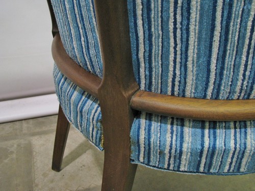1960's Mid-Century Tub Walnut Tub Chair; Unique Design + Blue White Upholstery - Picture 7 of 12