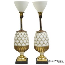 Vintage Italian Hollywood Regency Hand Painted Glass Pineapple Table Lamp - Pair