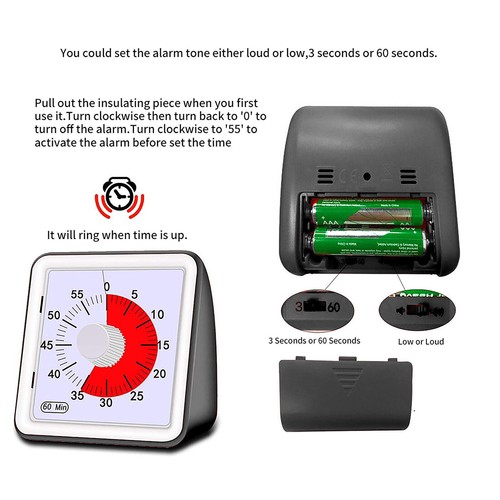 Visual Timer 60 Minute Kids Desk Countdown Clock Home Kitchen Time Tool Black - Picture 3 of 7
