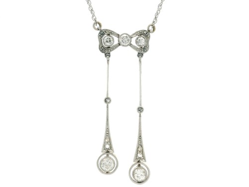 Antique Edwardian Gold & Platinum Diamond Ribbon Lavalier Drop Pendant Necklace - Picture 2 of 14