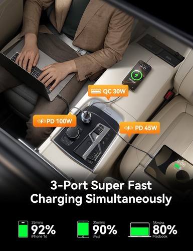 Cargador de coche súper rápido 175W USB C, 3 puertos PD100W+45W+USB30W tipo C teléfono de coche... - Imagen 3 de 8