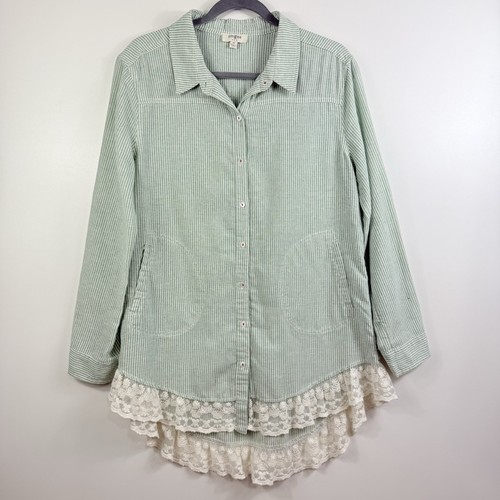 Umgee Green White Striped Lace Hem Button Up Tunic Top Medium Pockets Cottage - Picture 11 of 13