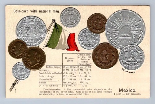COINS NUMISMATIC MEXICO FLAG PATRIOTIC EMBOSSED POSTCARD (c.1910)