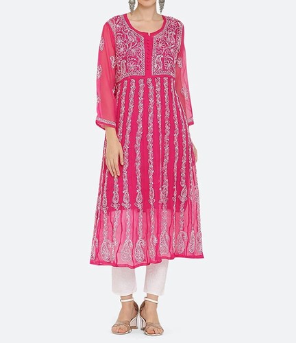 Women Chikankari Hand Embroidery Georgette Yog Anarkali Lucknowi Kurti with Free - Bild 29 von 54