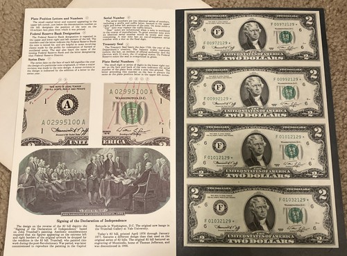 Bureau of Engraving and Printing Uncut Sheet of 4- 1976 Series $2 Dollar Bills