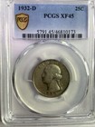 1932-D 25c Key Date Silver Washington Quarter Pcgs Xf45 w/Gold Shield & Trueview