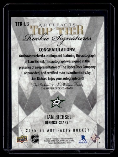 2025-26 UD Artifacts Top Tier Signatures Lian Bichsel RC #TTR-LB - Picture 2 of 2