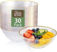30 Pack Clear Plastic Bowls - Clear Disposable Bowls for Party with Gold Rim