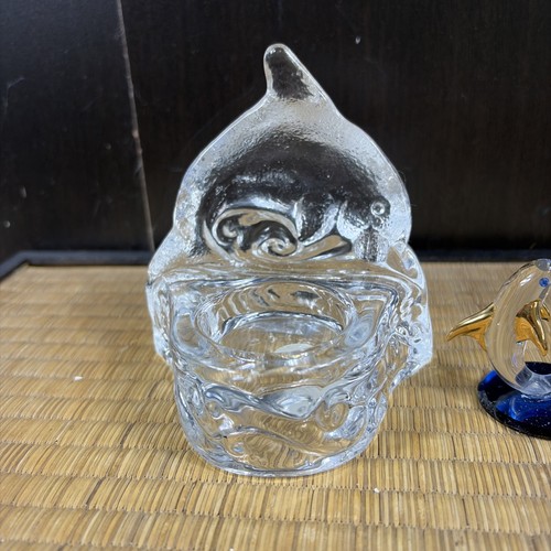 Glass Baron Dolphin With Ball Blue Mirror Figurine Clear Gold With Crystal Base - Picture 3 of 11