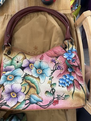 Anuschka Painted Floral Shoulder Bag Zip Top Double Handles Dust Bag