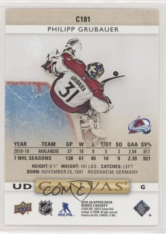 2019-20 Upper Deck UD Canvas Philipp Grubauer #C181 - Image 2 of 2