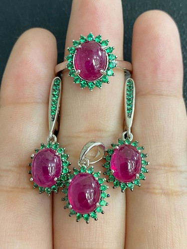NATURAL RUBY CAB 9X7 GREEN NANO STERLING SILVER 925 RING EARRING PENDENTS - 第 1/14 張圖片